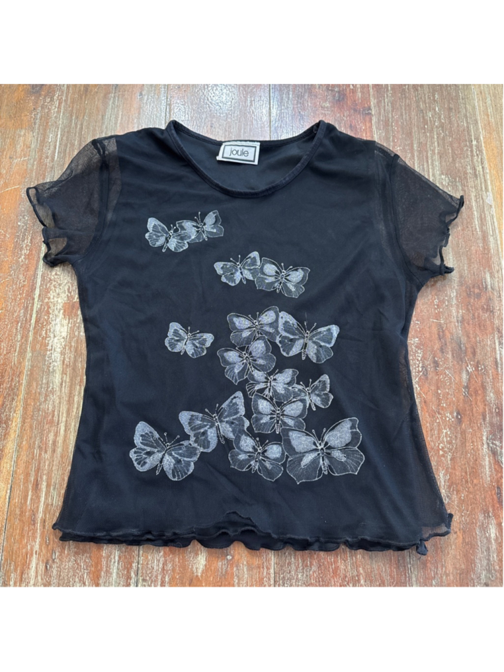 Joule Black Butterfly Mesh Tee Sheer Lettuce Edge XS S
